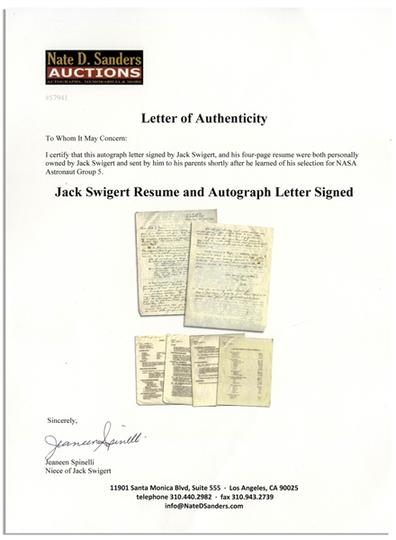 Jack Swigert Autograph Letter Signed to His Parents the Day of His NASA Selection -- ''the sacrifices, self-denial and discipline now seem to have been all worth while'' -- Also With Swigert's Resume